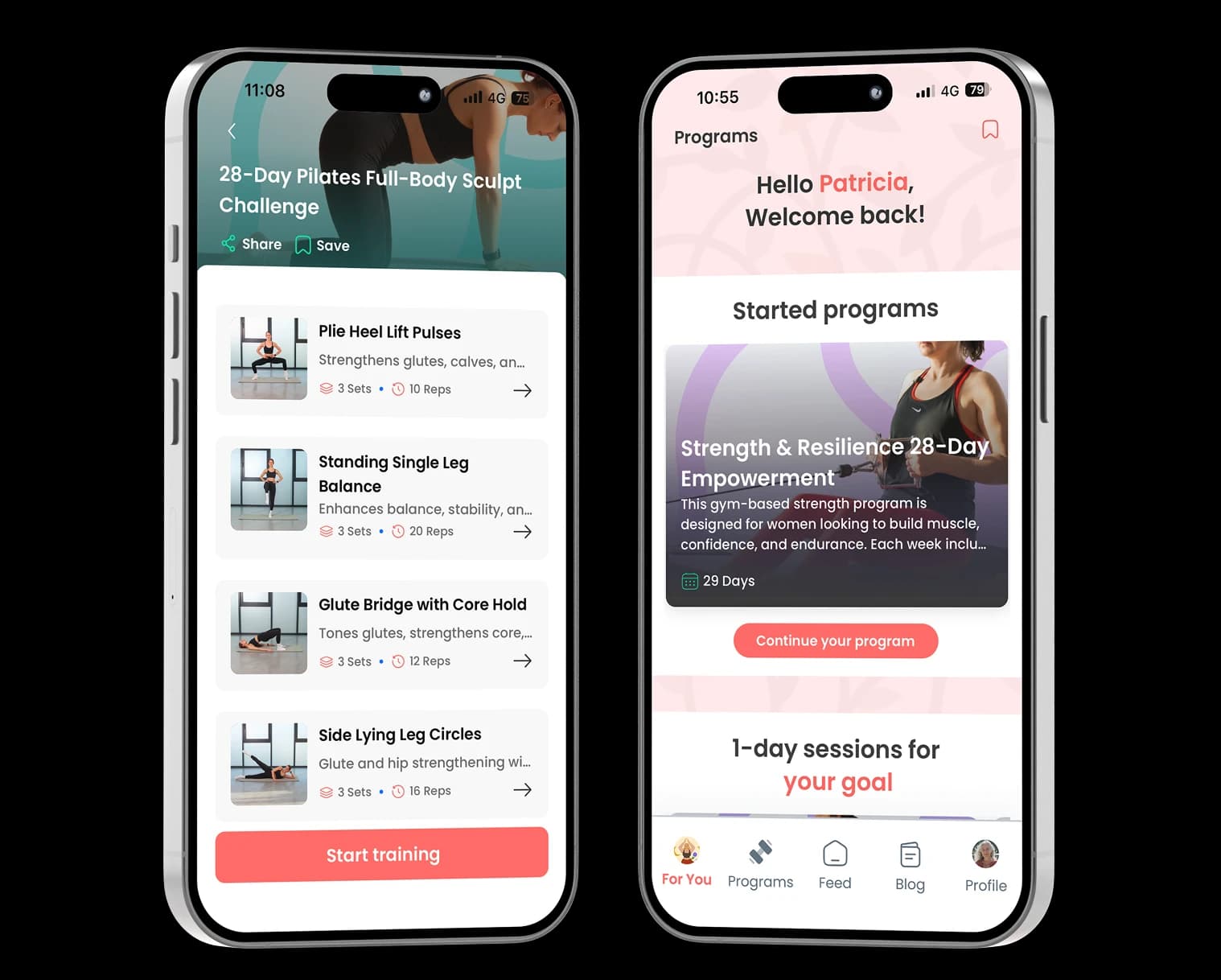 Younger app workout and home screens on two phones