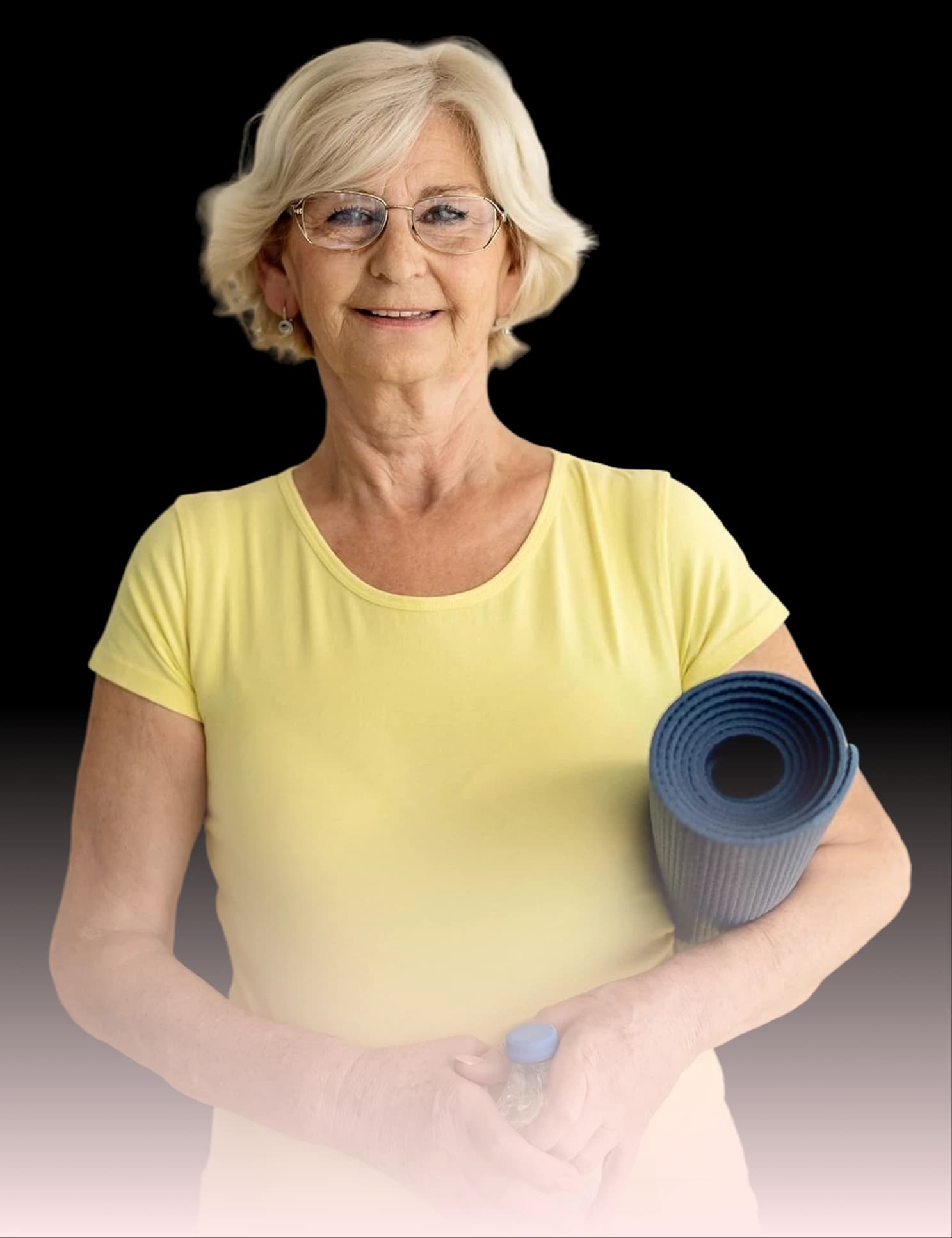 Woman in yellow with yoga mat